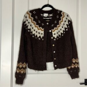 Chocolate Brown Fairisle Cardigan Sweater Chunky Wool Blend Cottagecore Size S